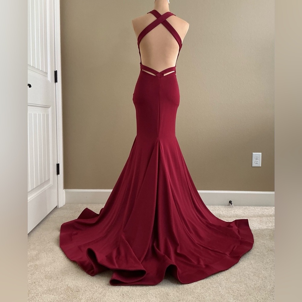 Tiffany Designs Burgundy Backless Gown with Long Train